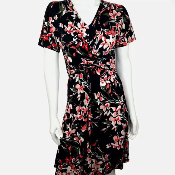 APT.9 Womens Dress Sz Small V-Neck Short Sleeves Flower A-Line Flowy Black Pink - Picture 1 of 11